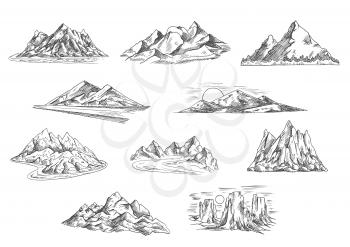 Sketched mountain landscapes icons for hiking tourism, adventure and nature themes design with rocky mountain ridges and summits, sunsets over hills and tower rocks, mountain valleys with dangerous ro