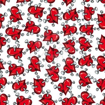 Bright cartoon seamless broken hearts pattern background for unhappy love theme or heart attack and health care concept design with red hearts punctured by nails