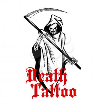 Spooky halloween ghost or grim reaper character in long hooded coat with liripipe holding scythe in both hands with caption Death Tattoo below. Use as death mascot or t-shirt print design