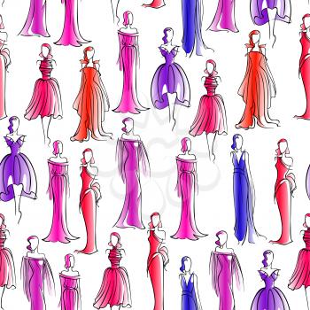 Fashion seamless background with sketch pattern of women silhouettes with elegant hairstyles, wearing blue, red and pink classic evening dresses and gowns. May be use as tailoring, sewing theme design