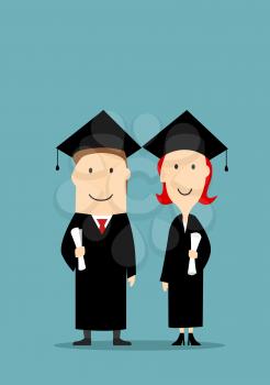 Graduates holding diploma certificates. Smiling bachelors boy and girl in graduation black mantle and cap. University and college students education concept