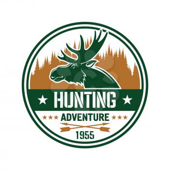 Profile of an elk with large antlers against brown silhouette of forest skyline round badge with caption Hunting Adventure, flanked by stars and crossed arrows. Use as hunting club insignia design
