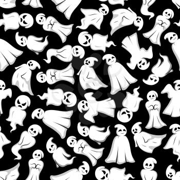 Halloween background. White ghosts seamless pattern wallpaper. Funny spooks with face expression. Smiling, laughing, scary, angry, indifferent, serious, shy, dancing, floating Cute scary artistic boge