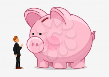 Businessman with big piggy bank. Money savings growth creative illustration. Vector hand drawn characters man and saving bank. Economics business concept