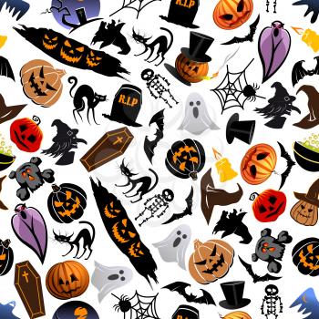 Halloween seamless pattern background with cartoon scary characters and elements. Wallpaper with spooky and horror icons