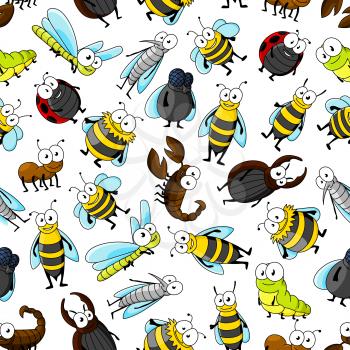 Cartoon cute smiling bugs and insects. Funny kid seamless wallpaper with colorful vector characters of bumblebee, bee, mosquito, caterpillar, ladybug, dragonfly, ladybird, stag beetle, wasp, fly, ant