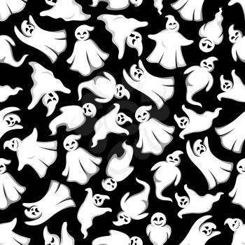 Cartoon Halloween Ghosts seamless background. Cute spooks characters with face expressions. Smiling, laughing, scary, angry, indifferent, serious, shy dancing floating