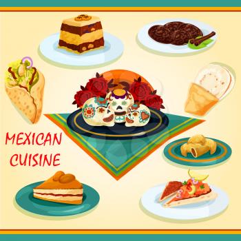 Mexican cuisine sandwiches and desserts icon with nachos and tomato sauce salsa, burrito, empanadas, bread pudding, apricot pie, spicy chocolate cookie and tray with sugar sculls