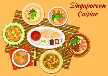 Singaporean cuisine chicken rice icon with seafood noodle soup laksa, minced pork noodles, pork rib soup, pork noodles with wonton dumplings, rice noodles rojak, pineapple with fritters and nuts
