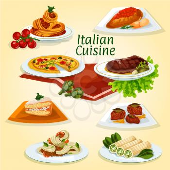 Italian cuisine dinner icon of popular dishes with seafood and meat carbonara pasta, pizza, chicken milanese, florentine steak, stuffed cannelloni pasta, beef chop with ham, marzipan cake cassata