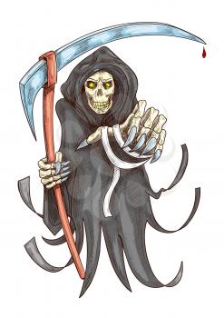 Death reaper in robe with scythe. Halloween scary horror grim with grabbing stretched hand. Color sketch icon for decoration element of greeting cards, posters, banners, books