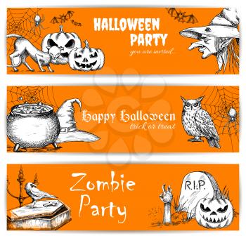 Halloween celebration orange banners with text and sketched pumpkins, old witch hat, coffin on graveyard, night owl, zombie hand. Templates for greeting and invitation cards for celebration
