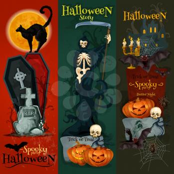Orange halloween pumpkin lantern, scary skeleton, grave tomb with cross, haunted house with skulls, bats, black cat and full moon. Vector Halloween design for greeting and invitation cards