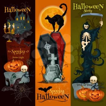 Halloween spooky party decoration banners with halloween pumpkin, dark night graveyard, skeleton scythe, vampire coffin, black cat. Horror night party vector placard, poster design