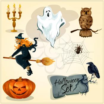 Funny creepy decoration elements set for Halloween. Vector isolated symbols of smiling sinister pumpkin, flying witch on magic broom, scary ghost, crying owl, spider web, black crow on grave stone