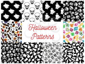 Halloween seamless pattern backgrounds with cartoon scary characters and elements. Wallpaper icons of ghost, skull, bat, spider, cemetery, monster, phantom, grave, candle, skeleton, coffin, witch, tom