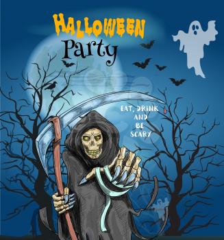 Halloween Party invitation card, poster with text Eat, Drink and Be Scary. Horror party celebration template with dead man reaper, haunted trees with spooky ghost