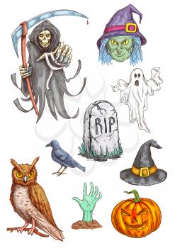 Isolated vector pumpkin, witch hat, spooky ghost, death reaper, zombie hand, RIP grave stone, black crow. Halloween Party invitation card and poster sketched elements, icons and traditional characters