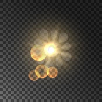 Golden sun light with lens flare effect. Glowing magic light flash. Glittering star bokeh. Sunshine on transparent background