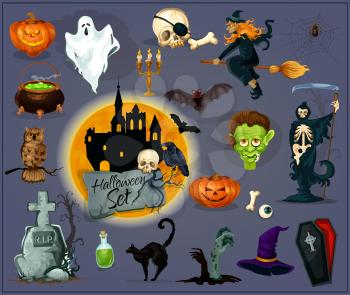 October Halloween celebration design elements and icons. Vector orange pumpkin lantern, flying witch, cauldron, zombie graveyard, haunted house creepy ghost, vampire coffin, skeleton skull