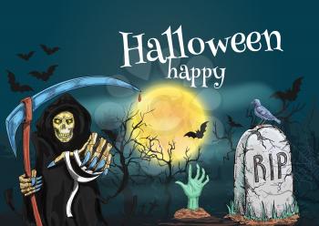 Happy Halloween with death and cemetery. Vector tempalte for Halloween greeting and invitation card, poster, banner, decoration element. Midnight grave yard with death reaper skeleton in robe and zomb