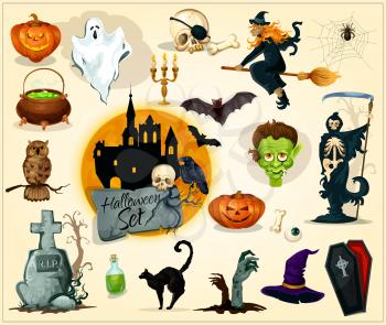 Halloween icons and symbols for banners, greeting cards design. Vector elements of pumpkin candle lantern, witch broom, zombie, skeleton skull, coffin, gravestone with cross, cauldron, ghost, black ca