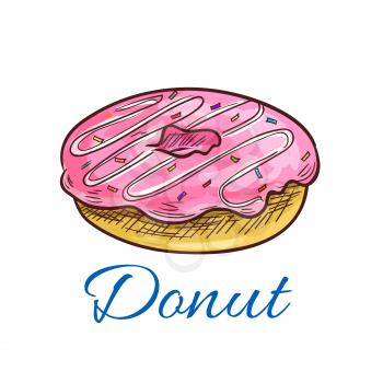 Sweet donut sketch of glazed doughnut with fruit pink glaze, decorated by sprinkles. Pastry shop, fast food cafe and dessert menu design