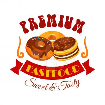 Sweet and tasty donut and cake. Premium fast food icons of american donut with chocolate topping and pancake with honey maple syrup