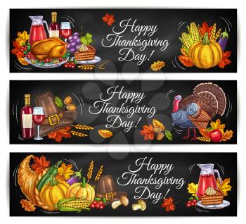 Happy Thanksgiving Day greeting banners. Traditional holiday poster. Vector elements of thanksgiving dinner turkey, vine, pumpkin. Color design of cornucopia, pilgrim hat, autumn maple and oak leaves