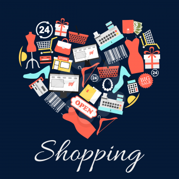 I love shopping emblem in shape of heart. Vector icons of modern luxury clothes and accessories of trendy woman. Dress, high heels, jewelry, gifts, hat, credit card, shopping basket. Conceptual shoppi