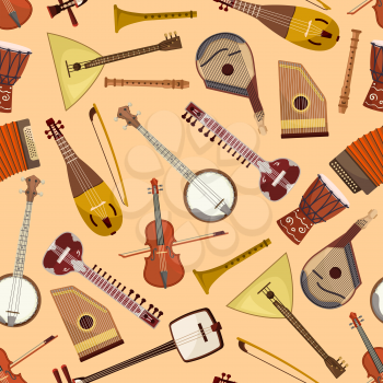 Pattern with musical instruments. Vector seamless pattern with music string and wind instruments of drum, guitar, violin, harmonic, banjo, flute, mandolin, balalaika, gusli, accordion, biwa, koto, lut