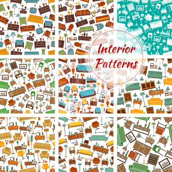 Interior patterns set of furniture icons. Vector seamless pattern of room interior retro and classic elements of sofa, chair, armchair, lamp, wardrobe, picture, bookshelf, vase, locker, flower, lamp. 