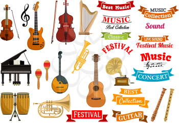 Music instruments. Ribbons, labels, emblems for musical festival, live concert, classic performance decoration design. Vector icons of musical string and wind instruments violin, guitar, harp, cymbals