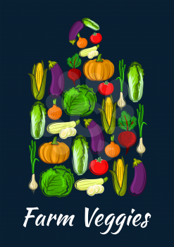 Farm veggies symbol of fresh organic vegetables cabbage, pepper, bean, carrot, potato, kohlrabi, cucumber, corn. Isolated flat icon of kitchen cutting board for vegetarian and vegan decoration element