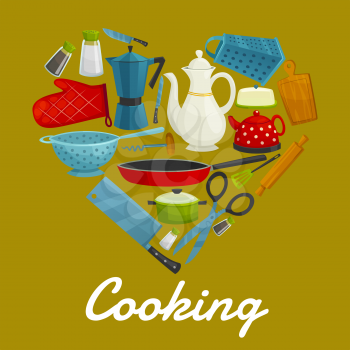 Cooking sign of vector kitchenware flat icons. Heart symbol of isolated kitchen utensils coffee maker, grater, cooking glove, knife, hatchet, scissors, tea pot, sauce and frying pan, spatula, pitcher,