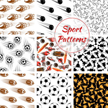 Sport seamless patterns set of balls, sports items. Vector ball of soccer, volleyball, rugby, hockey puck. Background of gold cup awards, sportsman, sports, fitness
