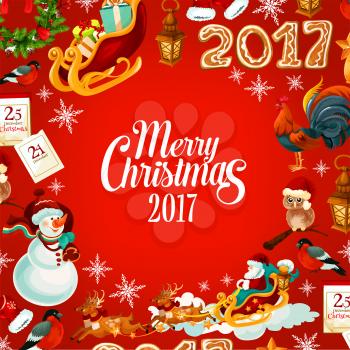 Christmas poster with sleigh of Santa with flying reindeer, snowman, gift, holly and pine wreath, snowflake, lantern, owl in red hat, gingerbread number 2017, chinese New Year rooster, calendar