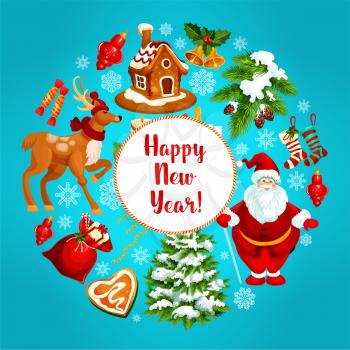 Happy New Year poster. Vector symbols of new year Santa Claus, reindeer, pine tree, gingerbread heart, bag full of gifts, ornaments, decorations, holly wreath, snow, present stockings. Greeting card d