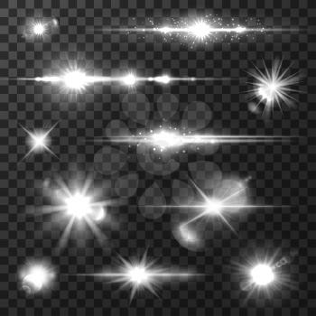 Sun light with lens flare effect, shining star, glowing sparkles with radial light rays. Transparent light effects and flares for art design