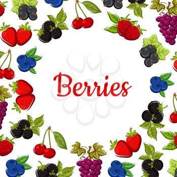Berry and fruit background with fruity frame composed of strawberry, cherry, grape, blueberry, raspberry, blackberry, currant and bilberry fruits with leaves and grapevines