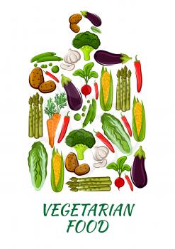 Vegetable cutting board symbol with carrot, cabbage, pepper, eggplant, garlic and potato, broccoli and radish, pea, corn and asparagus vegetables. Vegetarian food, healthy nutrition themes design