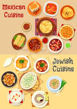 Mexican and jewish cuisine icon with vegetable chili, cheese, bean beef stew, fish, forshmak, bean burrito, fish soup, cutlet, chicken salad, stuffed pepper, tomato rice, bread pudding, carrot dessert