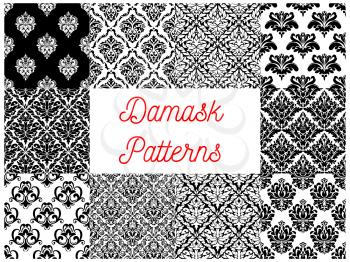 Damask ornament seamless pattern set. Floral background of black and white baroque flower with leaf scroll and flourishes. Vintage wallpaper, interior accessory design