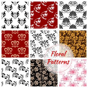 Floral seamless pattern background. Set of blooming flower with leaf, victorian flourishes and swirling line. Wallpaper, interior textile or scrapbook page backdrop design