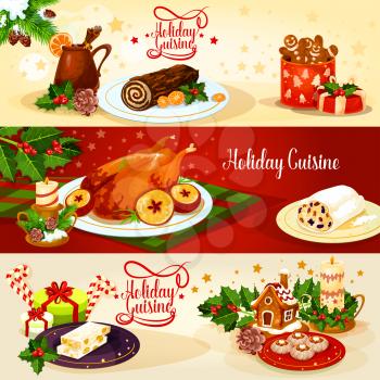 Christmas holiday cuisine dinner banner. Baked turkey with apple, chocolate log cake, gingerbread house and man, stollen, nut turron, pie and mulled wine with gift, holly, candy and candle