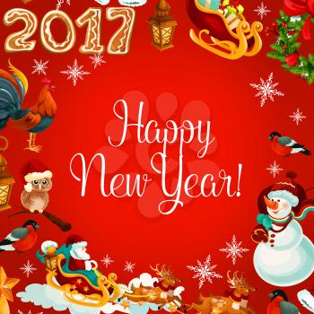 New Year greeting card or poster with traditional vector symbols of new year. Snowman in hat and rooster, bullfinch and owl, winter mittens and santa riding reindeer sleigh, gifts, wreath and holly le