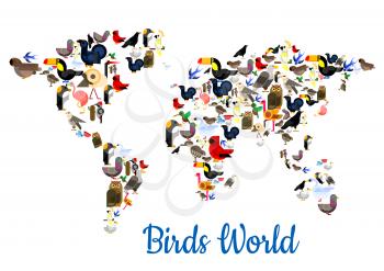 Birds world poster in shape of world map with continents. Vector flamingo, peacock, sparrow, pigeon, owl, swallow, ostrich, colibri, swan, swallow, parrot, eagle, woodpecker, pigeon, falcon, dove, tou
