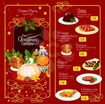 Christmas festive menu template design. British flaming pudding, baked fish, sausages in bacon, sweet bread, italian nut dessert, adorned by holly berry, pine tree, star. Restaurant menu design
