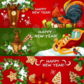 New Year greeting banners. Gift, holiday tree wreath with holly berry and ribbon, gingerbread cookie, candy cane, lantern and clock with fir branch, bell, snowflake, rooster, bullfinch