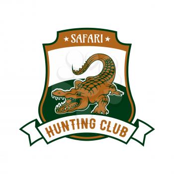 Safari Hunting club emblem. Vector isolated shield shape icon or badge with African crocodile alligator in river and ribbon. Hunting sport adventure club symbol or icon